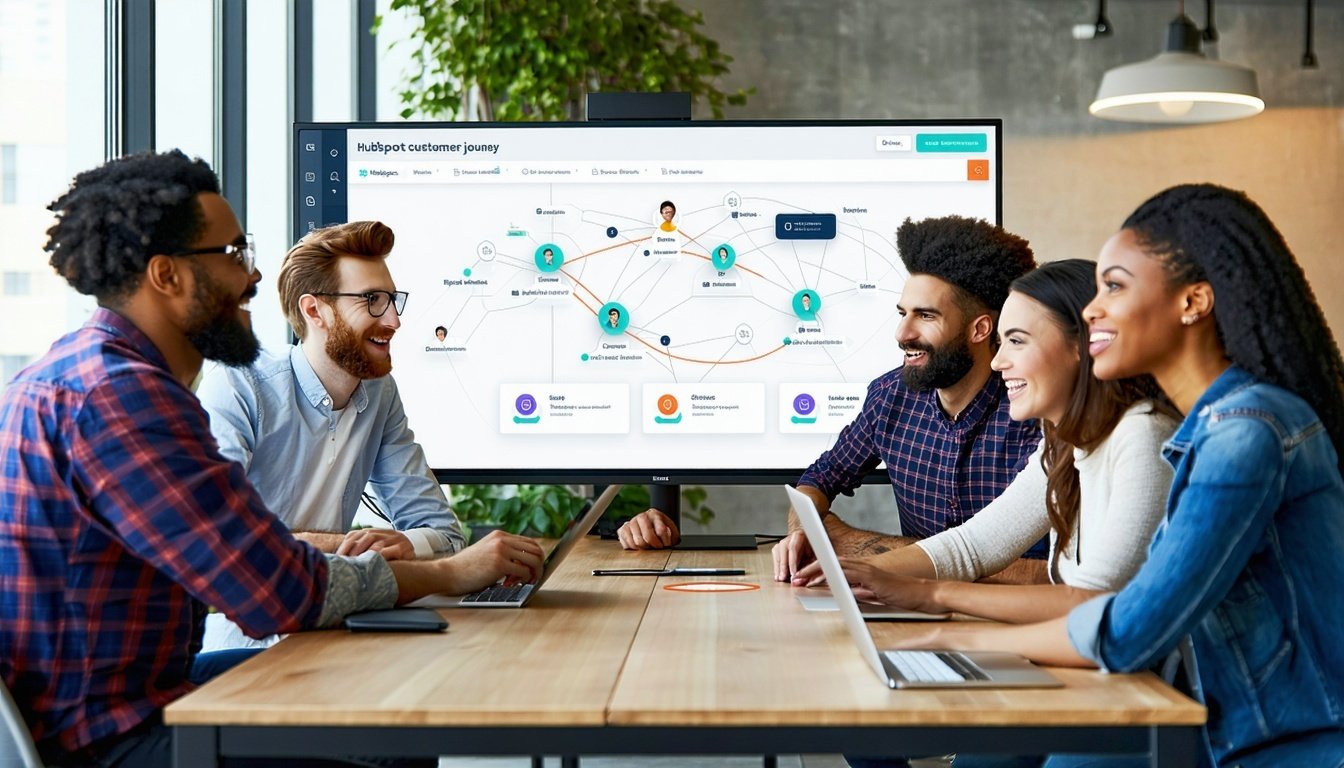 A diverse friendly customer support team in a modern office environment collaborating around a large screen displaying a HubSpot dashboard or customer journey map-1