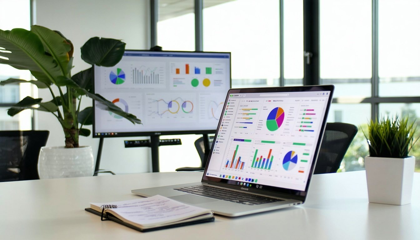 A sleek modern office workspace is illuminated by soft natural light streaming through large windows In the foreground a minimalist desk features an open laptop displaying a vibrant website design interface showcasing colorful charts and user engagem-1