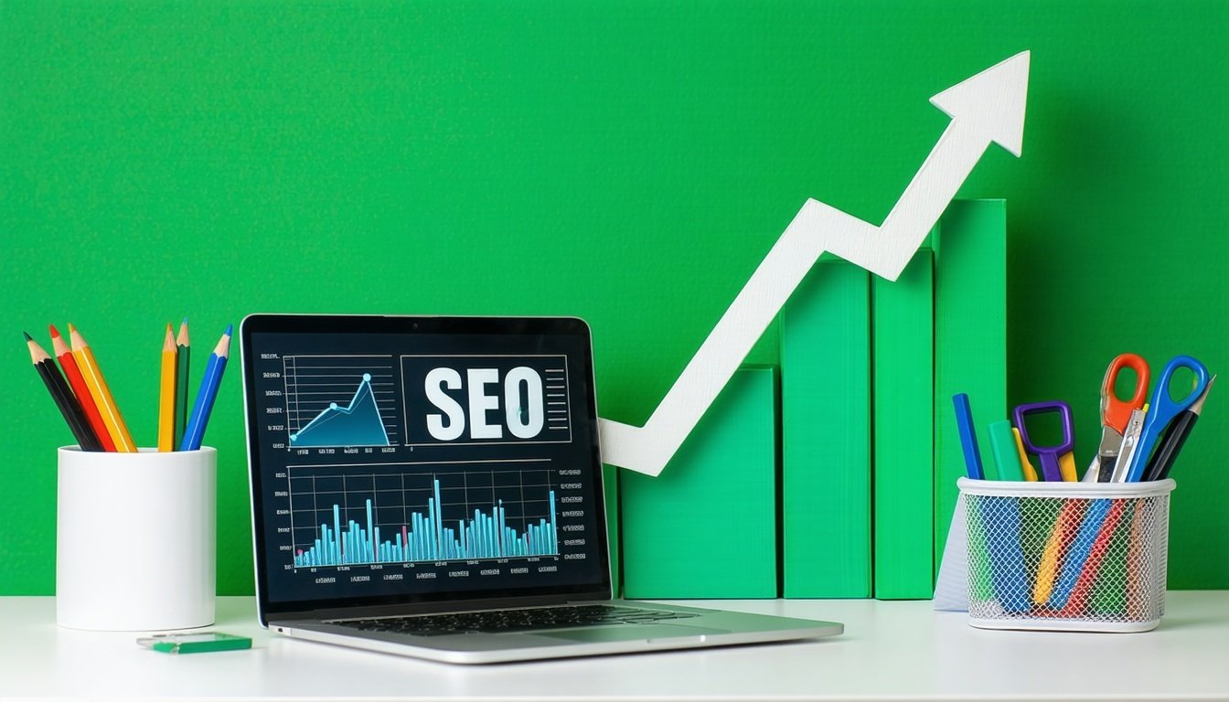 An upward graph with a laptop displaying SEO analy