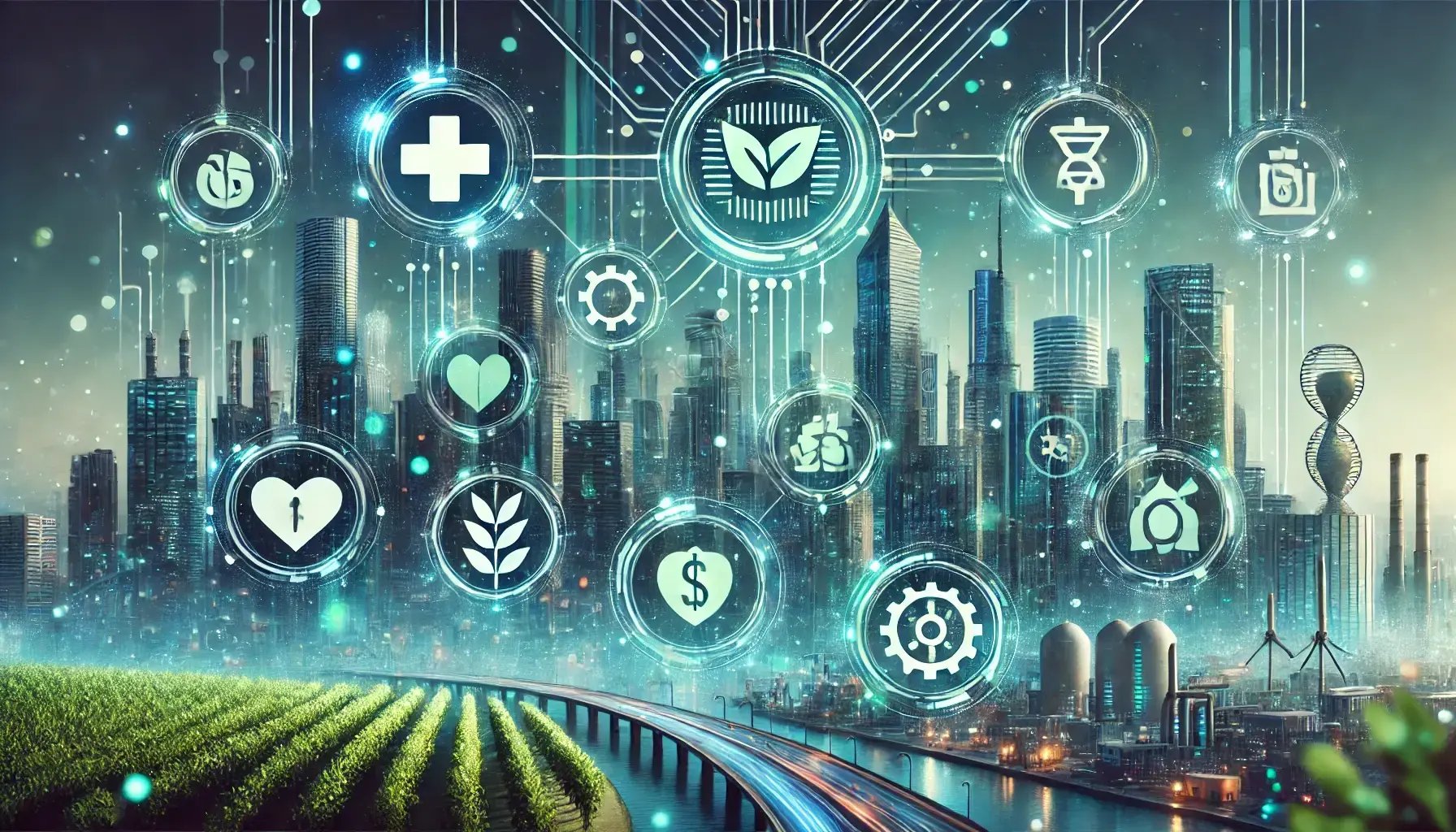 DALL·E 2024-09-23 13.02.22 - A vibrant and modern landscape featuring various industry icons set against a futuristic cityscape. The foreground showcases clean, minimalistic icons