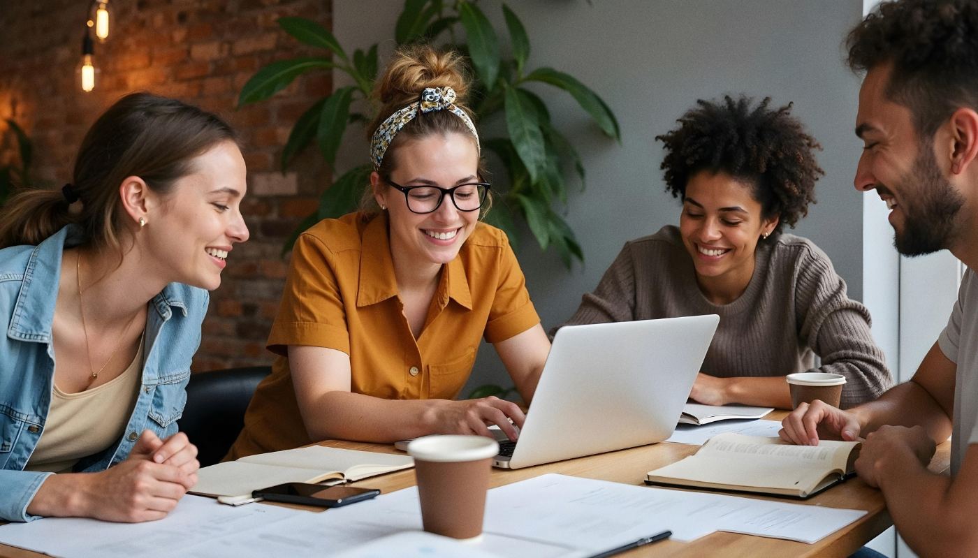 Small team laughing and collaborating around a laptop and notebooks at a café-style table