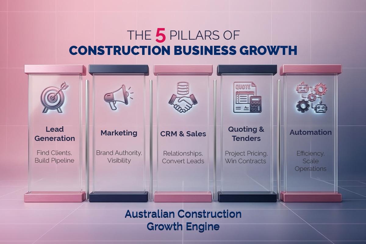 The Five Pillars of Construction Business Growth framework diagram