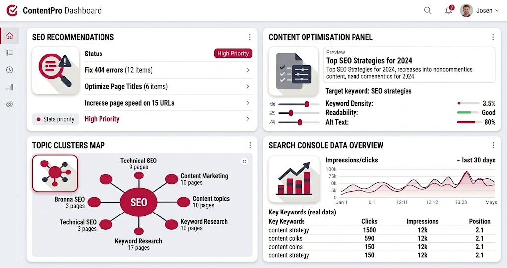 The four core HubSpot SEO tools: recommendations, Optimise panel, topic clusters and Search Console data