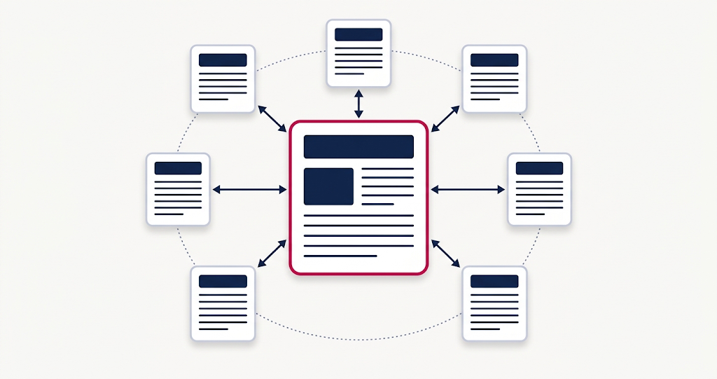 HubSpot SEO tools topic cluster diagram with a pillar page linked to supporting blog posts