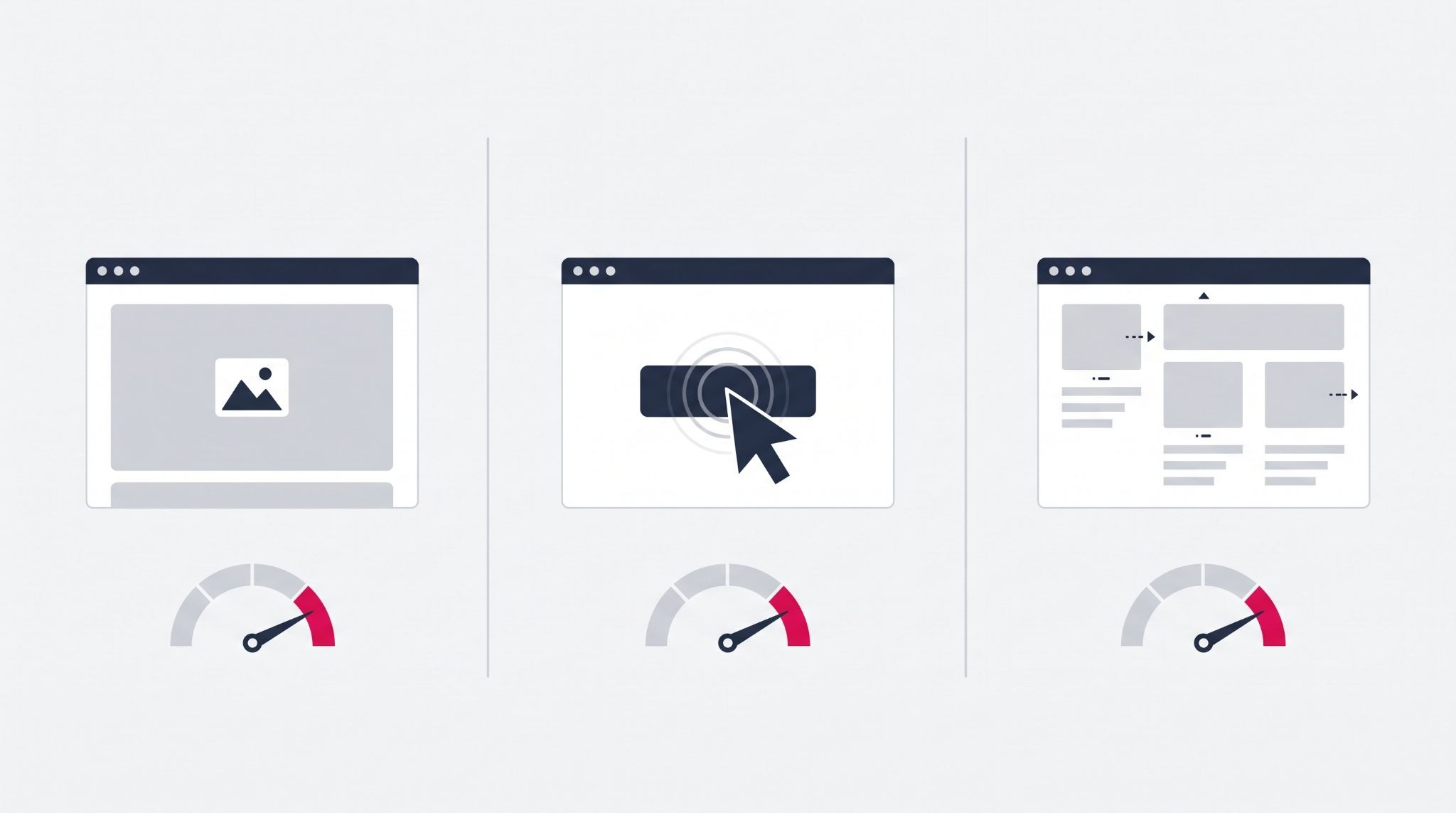 Core Web Vitals for website speed: icons and gauges for loading, responsiveness and layout stability