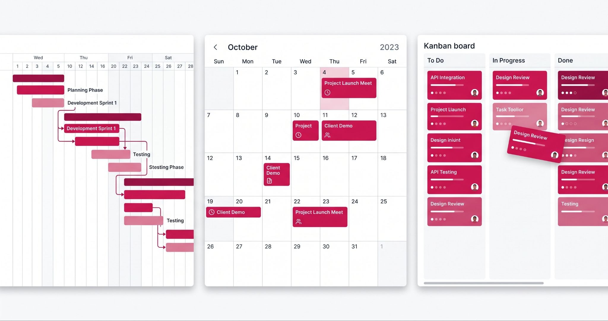 HubSpot for project management shown across Gantt, calendar and board views