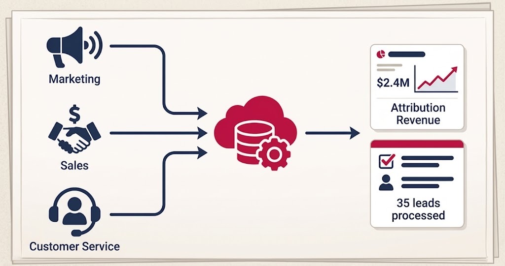Flowchart showing data sources merging before adopting an AI-powered CRM