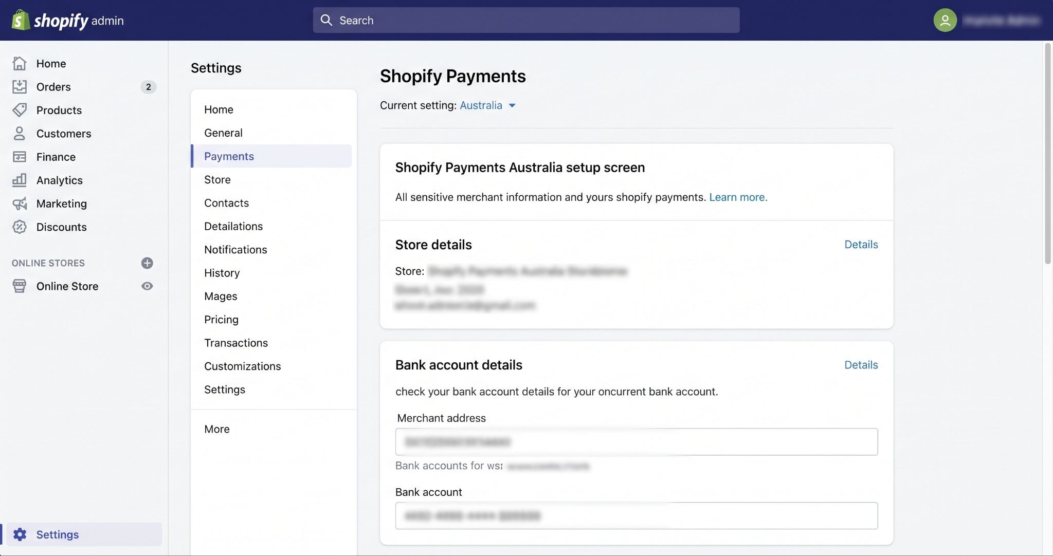 Shopify Payments Australia setup screen in the Shopify admin under Settings and Payments